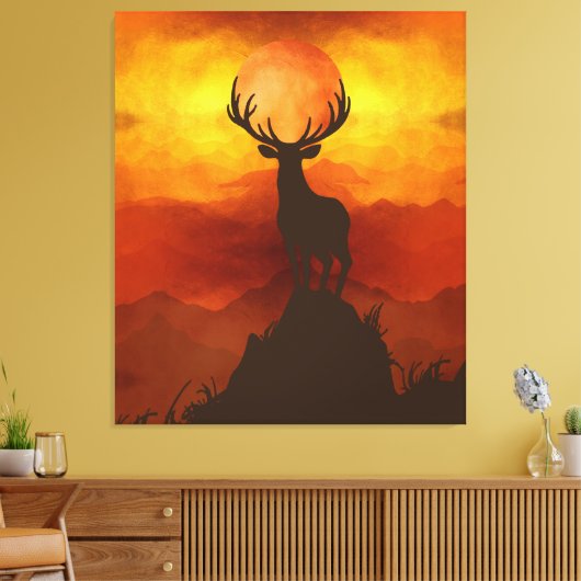 Deer Buck bovenop Mountain met zonsondergang Canvas Afdruk (Insitu (Woonkamer))