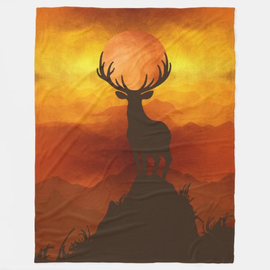 Deer Buck bovenop Mountain met zonsondergang Fleece Deken (Voorkant)