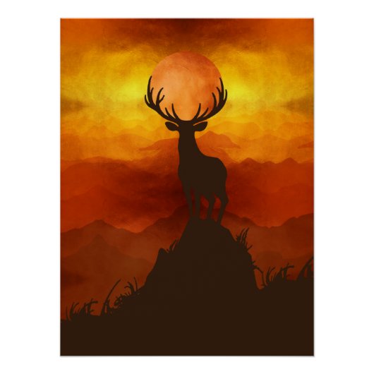 Deer Buck bovenop Mountain met zonsondergang Perfect Poster (Voorkant)