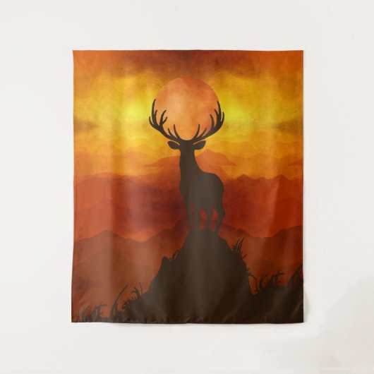 Deer Buck bovenop Mountain met zonsondergang Wandkleed (Voorkant)