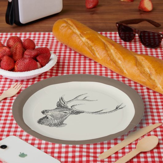 Deer Buck Head met gewei zwart-wit kunst Papieren Bordje (Picknick)