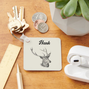 Deer Buck Head met gewei zwart-wit kunst Sleutelhanger