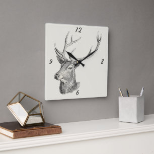 Deer Buck Head met gewei zwart-wit kunst Vierkante Klok