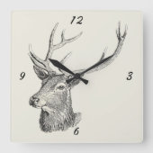 Deer Buck Head met gewei zwart-wit kunst Vierkante Klok (Voorkant)
