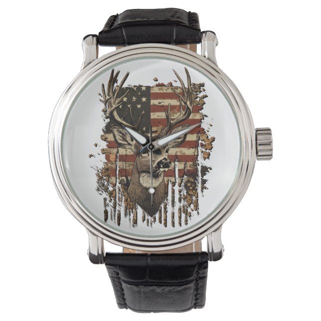 Deer, Buck Season USA Flag Horloge (Voorkant)