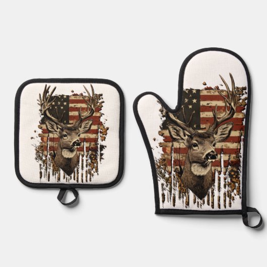 Deer, Buck Season USA Flag Ovenwant & Pannenlap Set (Voorkant)