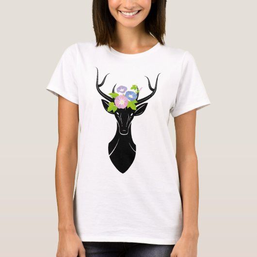 Deer Buck Silhouette Morning Glory bloemen Dieren T-shirt (Voorkant)