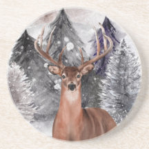 Deer Buck Waterverf Winter Forest Stone Onderzette