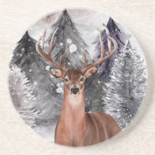 Deer Buck Waterverf Winter Forest Stone Onderzette Zandsteen Onderzetter