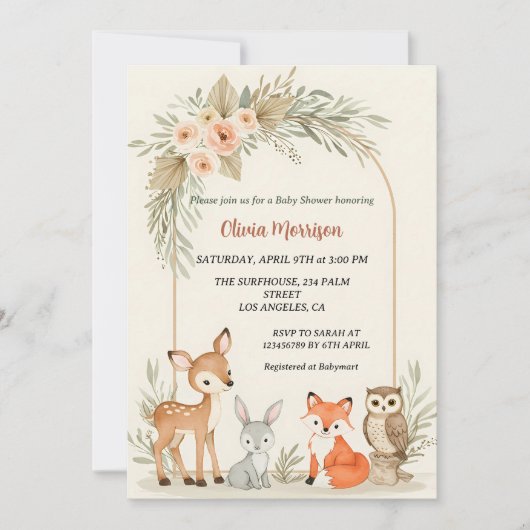 Deer, Bunny, Fox & Owl Floral Arch Baby shower Kaart (Voorkant)