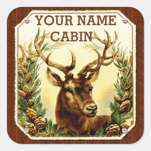 Deer Cabin, gepersonaliseerd voor houten korrels Vierkante Sticker (Voorkant)