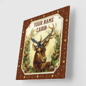 Deer Cabin Persoonlijke naam Hout Grain  Vierkante Klok (Hoek)