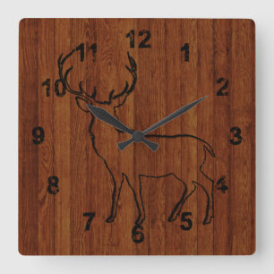 Deer Carved In Wood Effect Rustic Vierkante Klok