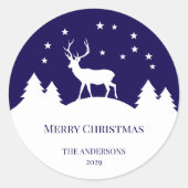 Deer Christmas Blue White Stag in Winter Elegant  Ronde Sticker (Voorkant)