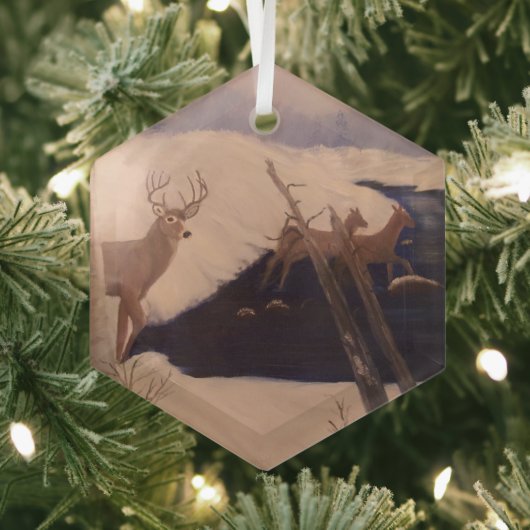Deer Crossing Glass Hexagon Ornament (Insitu)