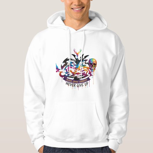 Deer Design Hoodie – Motivational Never Give Up (Voorkant)