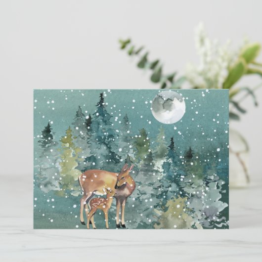 Deer Doe Fawn Forest Full Moon Snowfall Waterverf Feestdagenkaart (Staand voorkant)