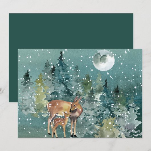 Deer Doe Fawn Forest Full Moon Snowfall Waterverf Feestdagenkaart (Voorkant / Achterkant)