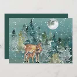 Deer Doe Fawn Forest Full Moon Snowfall Waterverf Feestdagenkaart