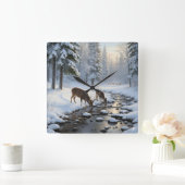 Deer drinking from a snow covered brook -  vierkante klok (Huis)