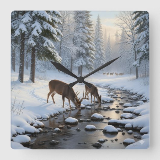 Deer drinking from a snow covered brook -  vierkante klok (Voorkant)