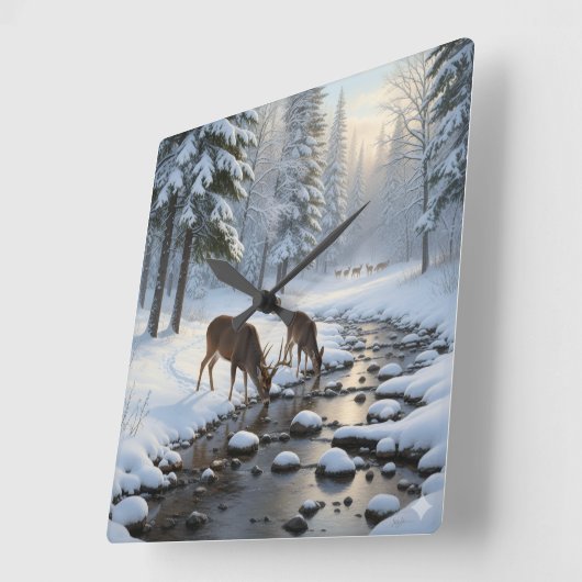 Deer drinking from a snow covered brook - vierkante klok (Hoek)
