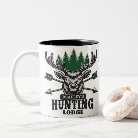 Deer Elk Hunter ADD-NAAM Bow Hunting Lodge Cabin Tweekleurige Koffiemok (Met donut)