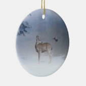 Deer en Blue Jay in de sneeuwse Natuur Keramisch Ornament (Rechts)