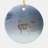 Deer en Blue Jay in de sneeuwse Natuur Keramisch Ornament (Voorkant)