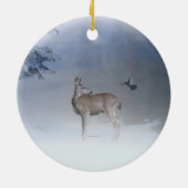 Deer en Blue Jay in de sneeuwse Natuur Keramisch Ornament (Achterkant)