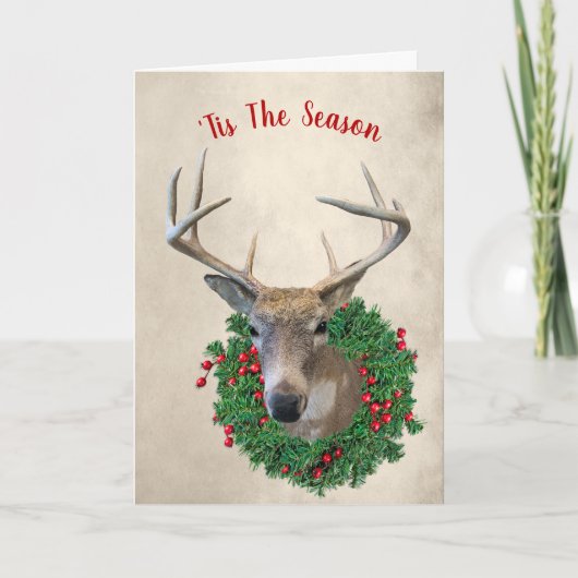Deer en Kerstmis Wreath Feestdagen Kaart (Voorkant)