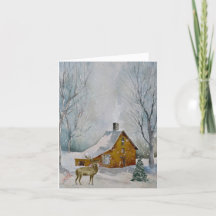 Deer en Rustic Cabin in Snowy Forest
