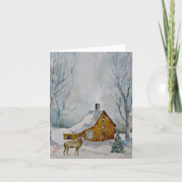 Deer en Rustic Cabin in Snowy Forest Feestdagen Kaart