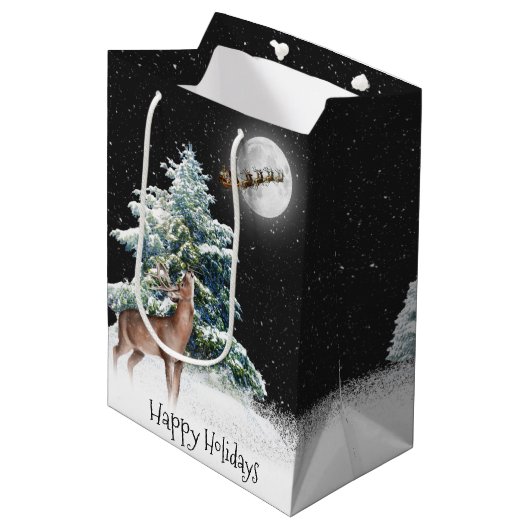 Deer en Santa in Sleigh Medium Cadeauzakje (Voorkant Gekanteld)