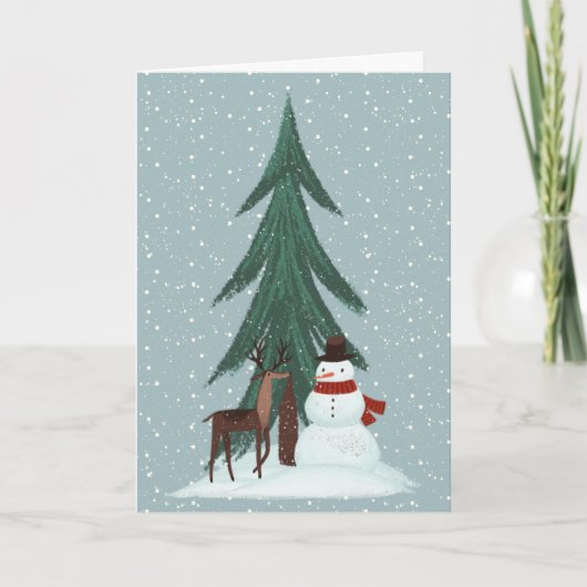 Deer en Snowman in Snowflakes Kaart (Voorkant)
