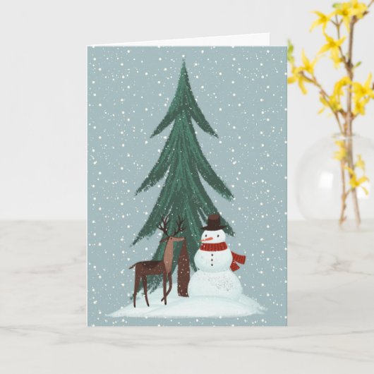 Deer en Snowman in Snowflakes Kaart (Gele Bloem)