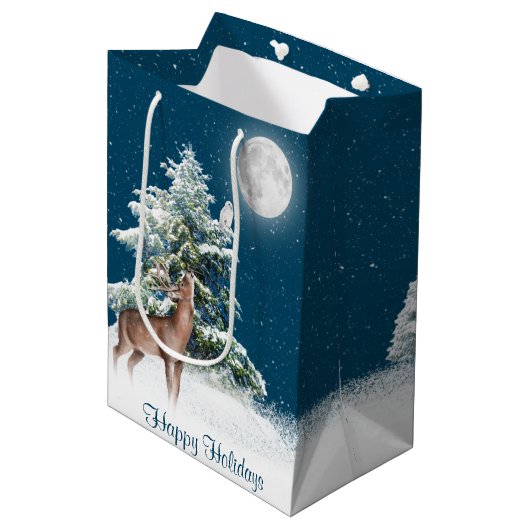 Deer en Snowy Owl in Snowflakes Medium Cadeauzakje (Voorkant Gekanteld)