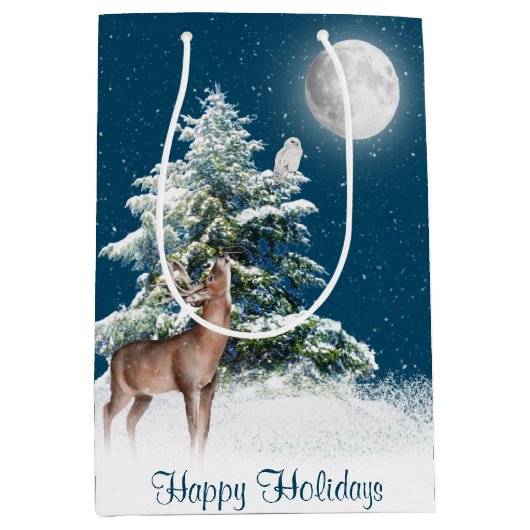 Deer en Snowy Owl in Snowflakes Medium Cadeauzakje (Voorkant)