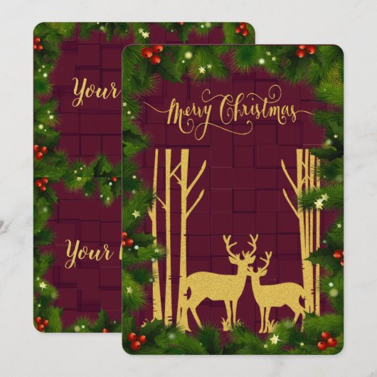 Deer en Trees in de Gold Glitter-Kaart voor kerstm Aankondiging (Voorkant / Achterkant)