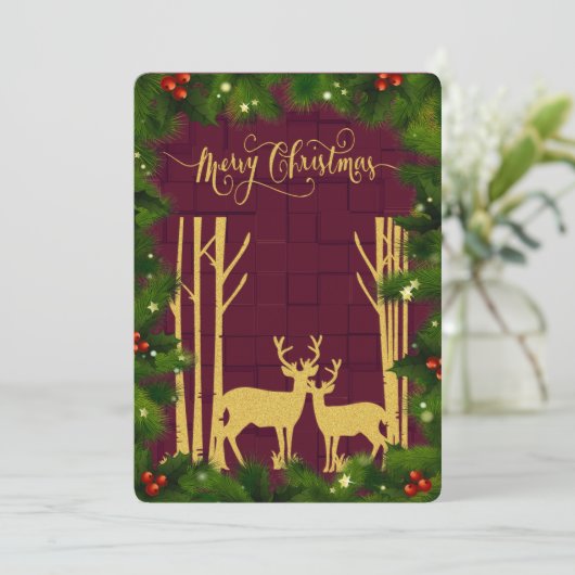 Deer en Trees in de Gold Glitter-Kaart voor kerstm Aankondiging (Staand voorkant)