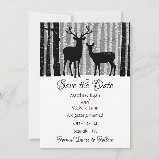 Deer en Trees Rustic Winter Woodland Wedding Save The Date (Voorkant)