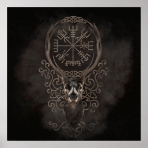 Deer en Vegvisir - Viking Navigation Compass Poster