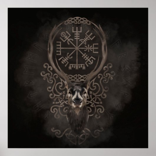 Deer en Vegvisir - Viking Navigation Compass Poster (Voorkant)