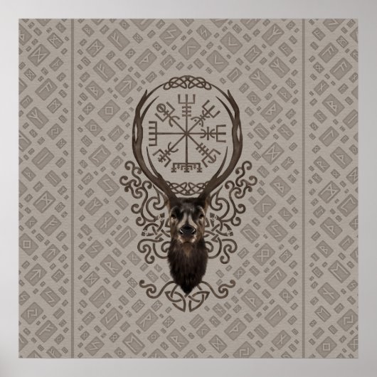 Deer en Vegvisir - Viking Navigation Compass Poster (Voorkant)