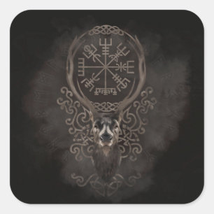 Deer en Vegvisir - Viking Navigation Compass Vierkante Sticker