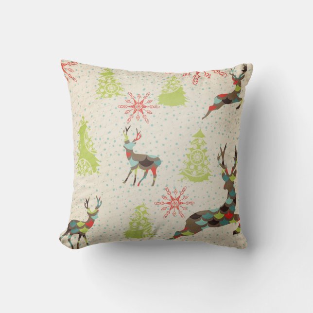 Deer, Evergreen Trees en Snowflakes Sierkussen (Voorkant)
