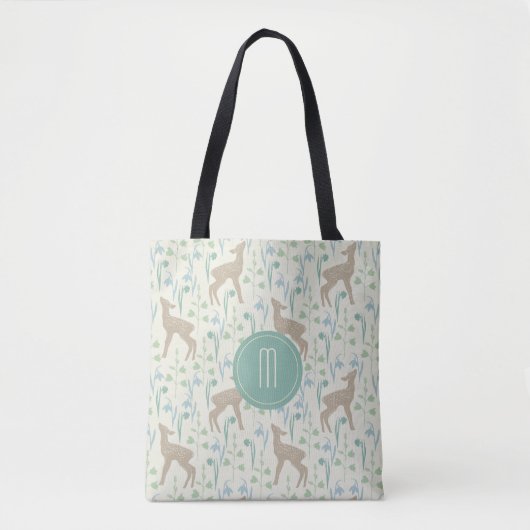 Deer Fawn and Flowers Monogram Pastel Tote Bag (Voorkant)