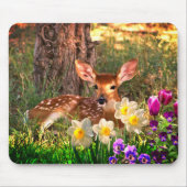 Deer Fawn in Forest met Tulips Mousepad Muismat (Voorkant)