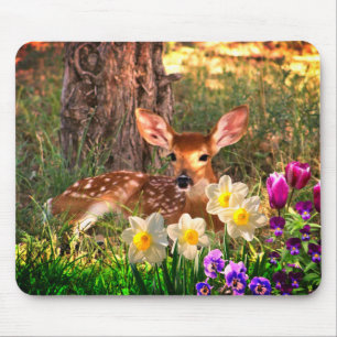 Deer Fawn in Forest met Tulips Mousepad Muismat