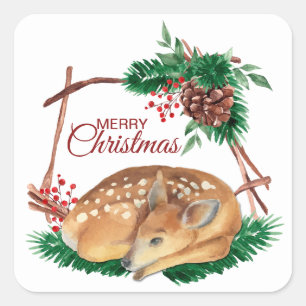 Deer Fawn in Rustic Wood Lijst Kerstmis Vierkante Sticker